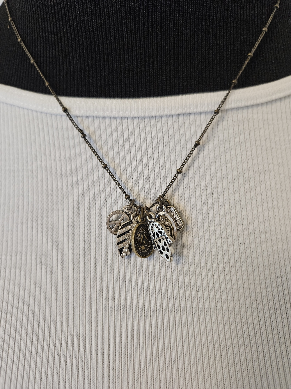 Multi-Charm Bronze Pendant Necklace - Brown/Gold Tones